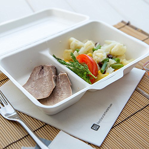 Bagasse Take Out Container, Bagasse To Go Box, Clamshell - Durable All Natural, Biodegradable, Disposable Material - 2 Compartments - 34 Oz - 13" X 9" - 100Ct Box - Restaurantware #TOP4