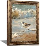 Vintage Framed Coastal Wall Art, Impressionist Sandpiper Bird Oil Painting, Antique Gold Ornate Frame, Seaside Ocean Waves Canvas Decor for Beach House, Bathroom, Living Room 11' L x 9' W