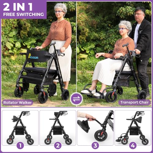 Image of Heavy Duty Rollator Walkers for Seniors with Seat, Foldable 2 in 1 Rolling Walker Wheelchair Combo for Adult, All Terrain Wheels, Adjustable 4 Wheel Walker with Brake, 450 lb. Weight Capacity, Black