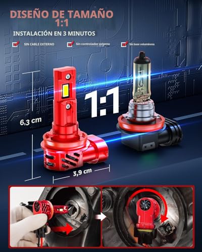 Bombillas H11 LED Canbus de 6500K para sustituir luces halogenas sin dar error 2