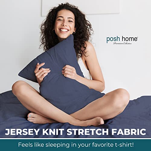 Posh Home Jersey Knit Sheet Set – 4-Piece Jersey Bed Sheets – T-Shirt Breathable & Soft Cotton Jersey Sheets - Includes Flat Sheet, Jersey Fitted Sheet, & 2 Pillowcases - Queen Jersey Sheets, Navy #TOP1