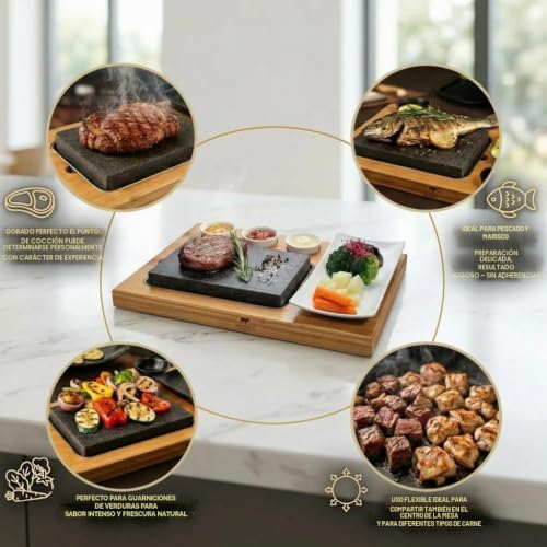 Miniatura 2 de Beefstone Lavastone Steak Board Hot Stone Steak Grill Juego De Tabla De Bambú Lavastone Y Plato De Porcelana Incl. Salsera, Sin Grasa Y Sin Aceite: Bistec A La Parrilla, Carne, Pescado En Piedr