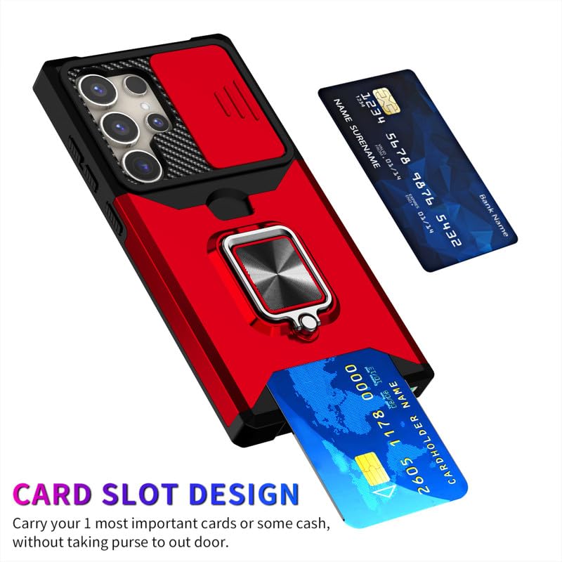 Image of LuxuryKase Shockproof Armor Case for Samsung Galaxy S24 Ultra | Slide Camera Cover | Hidden Card Slot | Rotating Ring Kickstand | Magnetic Car Mount Support | Military Grade Protection - Red