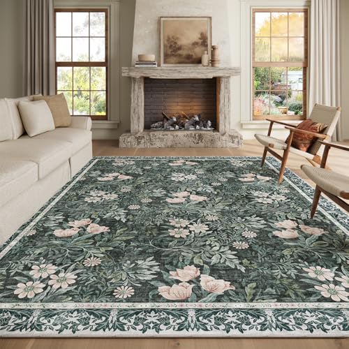 Image of Washable 8x10 Area Rug - Light Green Vintage Floral with Ornate Border, Soft Low Pile Carpet for Living Room, Dining Room Under Table, Bedroom Non-Slip, Stain Resistant & Durable