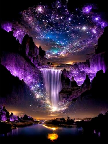 Image of MBNTJHT Waterfall Landscape Diamond Art Kits for Adults,DIY Purple Aurora Diamond Painting Kits for Beginners,5D Full Round Drill Gem Art Painting Crafts for Home Wall Decor 12x16 Inch.