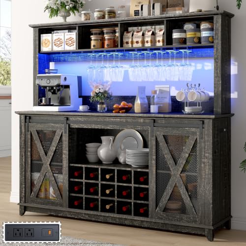 Image of 63 inchWide 58 inchH Farmhouse Coffee Bar Cabinet with Power Outlet and LED Light,Wine Bar Cabinet w / 4 Storage Hutch,Kitchen Buffet Cabinet with 15 Wine and Glass Racks for Kitchen Dining Room(Dark Oak)