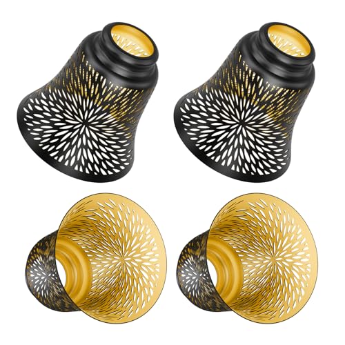 Image of 4 Pack Laser Cut Ceiling Fan Covers, Black & Gold Chrysan Iron LampShades | Size: 2.16 inch Top x 4.72 inch Bottom x 4.72 inchH. UNO fitter metal lamp shades for ceiling fan lights, wall sconces and chandeliers.