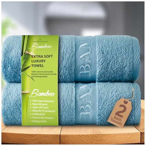 GC GAVENO CAVAILIA Large Bath Towel Bamboo Towels 2 Pack (70x120cm) - Highly Absorbent Quick Dry Towels (40% Cotton, 60% Bamboo) - Washable Bathroom Towel Blue - 500 GSM