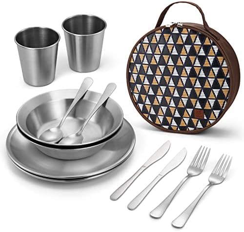 Odoland Edelstahl Campingbesteck Set, Camping Geschirrset für 1-4 Personen | Tragbar, Enthalte Teller Schüssel Tasse Messer Gabel Löffel und Etui, ideal für Familie Outdoor Reisen