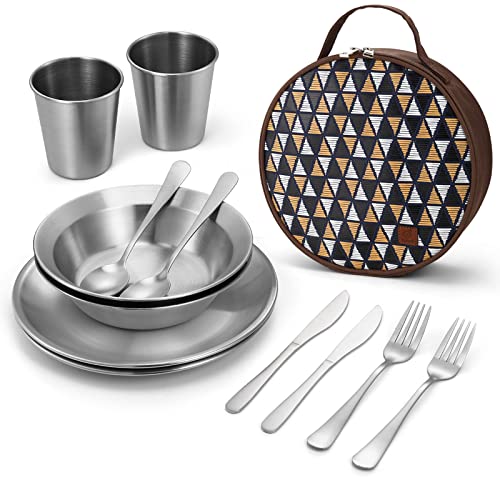 Odoland Kit Piatti e Posate in Acciaio Inox Lucido, Include Piatti Ciotola Tazza Posate Custodia Portatile, Set Completo di Stoviglie per Campeggio Trekking Picnic Viaggio (2 Persone)