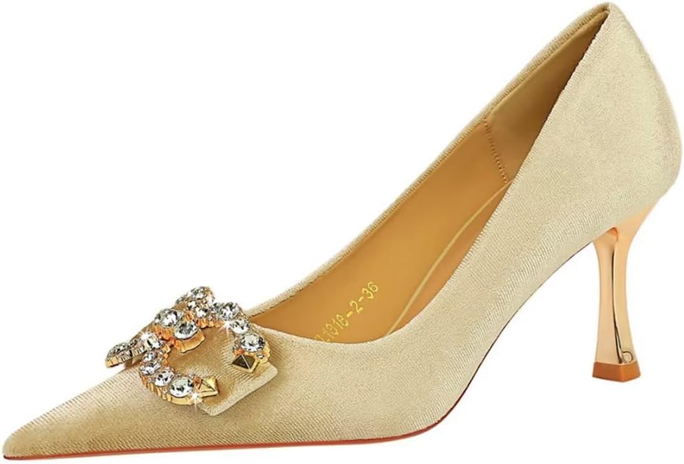 Vujkliy Zapatos De Tacón Alto Dorados De 4.7 In Para Mujer, Zapatos De Tacón Alto Con Punta Puntiaguda, Sexy, Sin Cordones, Para Fiesta, Talla De Zapatos De Corte, Oro, 8