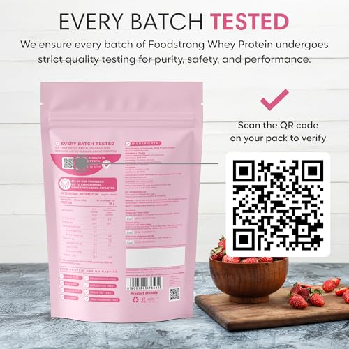 Image of Foodstrong Whey Protein Powder (Concentrate + Isolate), 100% Hormone Free Grass-Fed Whey, 26G Protein & 6.6G BCAA, Strawberry, With Turmeric & Digestive Enzymes, 1KG