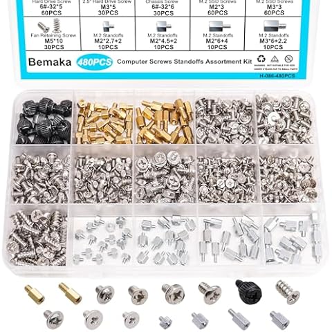 Bemaka 480PCS M.2 Screws Motherboard Standoffs Screws Computer Screws Assortment Kit, NVMe Screws M.2 SSD Mounting Screws for Motherboard, SSD, HDD Hard Drive, PC Fan, PC Case Cover