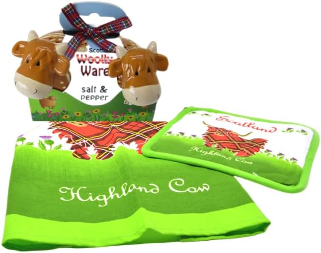 Set of 3 Items Ceramic Highland Cow Salt and Pepper Scottish Cotton Tea Towel and Pot Holder Irish Kitchenware Birthday Present Housewarming Gift