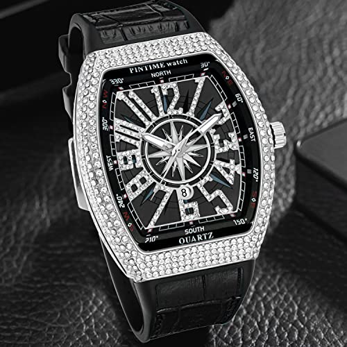 Fashion Iced Out Diamond Watch For Men Luxury Waterprrof Silver Black Tonneau Crystal Wrist Watch, Casual Analog Hip Hop Punk Bracelet Watch With Calendar Bling Timepiece For Rappers, Black Leather Belt #TOP3