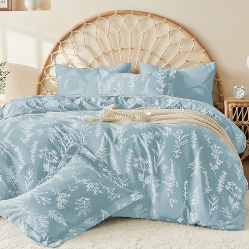 MUXHOMO Duvet Cover Queen Size, Reversible Floral Mineral Blue Duvet Cover Set with Zipper Closure, 3 Pieces Botanical Patterns Soft Microfiber Bedding Set with 4 Ties (90"x90", 2 Pillow Cases)
