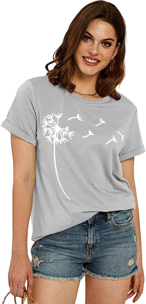 Cicy Bell Women's Dandelion Print T Shirts Cute Graphic Tees Short Sleeve Summer Cotton Tee Tops - Image 3