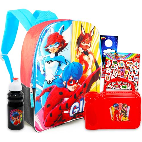 Miraculous Mochila e lancheira com joaninha – Pacote com mochila Miraculous Ladybug de 38 cm, lancheira isolada, carimbos de super-heróis e mais (material escolar de joaninha iraculosa)