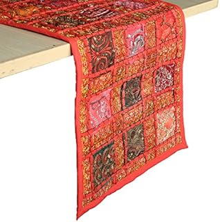 RAJRANG BRINGING RAJASTHAN TO YOU Indian Patchwork Table Runner 30x182 cm Vintage Sari Hand Colorful Cotton Red Placemat Decor Dining Table