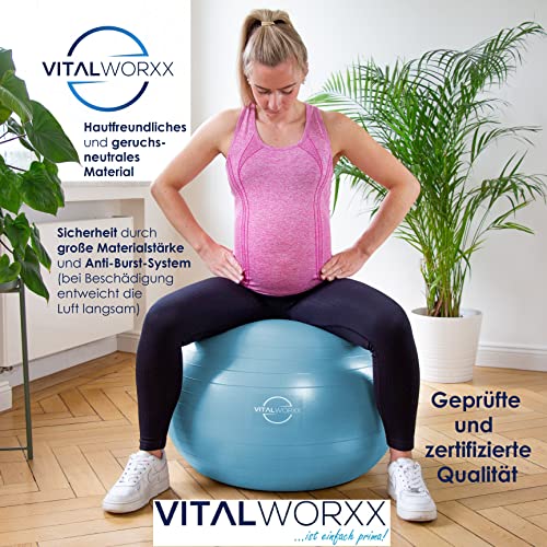 Foto von VITALWORXX Gymnastikball für Schwangere, extrem stabil, Sitzball Yogaball Pezziball mit Pumpe, mit Übungen für Schwangerschaft, Geburt, Gesundheit,