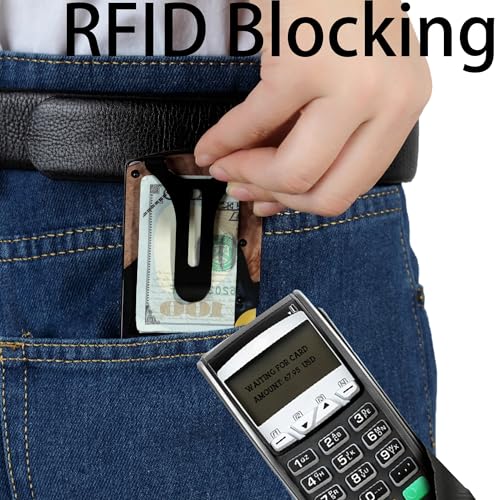 Image of Minimalist Wallet for Men, Slim Metal RFID Blocking Wallet Credit Card Holder Money Clip & Cash Strap, Scratch-Resistant Holds 15 Cards,Ideal Gift for Men | Resin Wood, Unique Pattern,Black