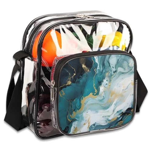 Clear Crossbody Bag Stadium Approved Dynamic Fluid Transparent Bag for Festivals, Sports Events, Concerts,Beach Bag for Women Men Art and Gold Clear Purse with Front Pocket Messenger Bag