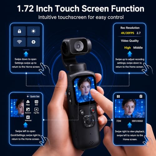 Image of VETEK 4K Vlogging Camera,75MP Pocket Digital Camera for YouTube with 330 Rotating Lens,WiFi,1.72 inch Touch Screen,Face Tracking,16GB TF Card & Tripod,Handheld Camera for Daily Recording(Gunmetal)