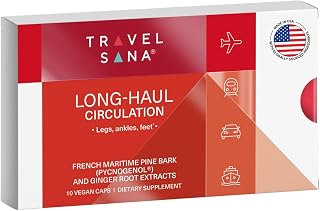 Long-Haul Circulation Relieves Leg Discomfort, Reduces Swollen Feet, Legs, Ankles from Prolonged Sitting, Travel Essentials, Pycnogenol 100mg, Ginger Extract, 10 Servings (Veg Caps)