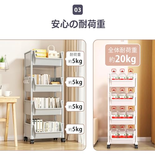 サンパーシー キッチンワゴン 4段 キャスター付き 360度回転 フック4個付き (グレー) [5]