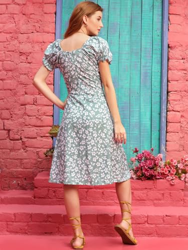 Greciilooks Western Dress For Women| Rayon Flower Design| Square Neck & Leg Split Dress| Short Balloon Sleeves Dress For Girls| Outdoor Wear (Xx-Large, Light Green)