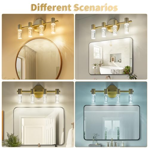 Image of 4 Light Bathroom Light Fixtures, Gold Modern Vanity Lights with Acrylic Shades, 3000-6000K Dimmable Bathroom Wall Lamp for Mirror Kitchen Living Room Hallway Cabinet Porch