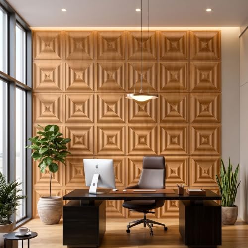 Image of Kayra Decor 3D PVC Wall Panels for Bedroom & Living Room | Pryamid Design |Teak Wood Color | 19.7 x 19.7 Inch | Pack of 12 | 32.28 Sq Ft