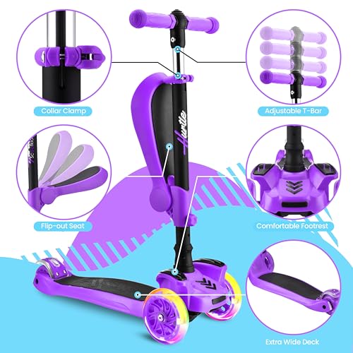 Image of Hurtle 3-Wheeled Scooter for Kids - Wheel LED Lights, Adjustable Lean-to-Steer Handlebar, and Foldable Seat - Sit or Stand Ride with Brake for Boys and Girls Ages 1-14 Years Old