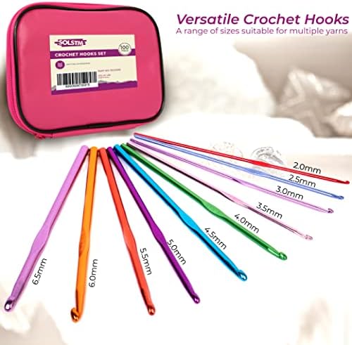 SOLSTM Crochet Hooks Set 100 PCS - Aluminium Crochet Hook Set in Various Sizes with Plastic Knitting Needles, Stitch Holders & Other Knitting Accessories, 100-Piece Crochet Kit with Portable Pink Case