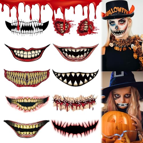 Tattoo Halloween Mund,10 Blatt ﻿Halloween Gruselig Mund Tattoo Aufkleber,Halloween Tattoo Mund Totenkopf,Halloween Tattoo,Halloween Make-up Requisiten,Halloween Masquerade Party Dekoration,für Erwachs