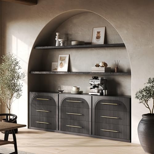 Image of BELLEZE Set of 3 Fluted Modular Sideboard Cabinet, 97'' Classic Modern Buffet Cabinet with 3 Drawers, Accent Credenza Cabinet for Living Room Kitchen Entryway (Ebony)