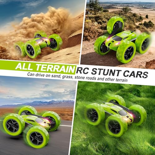 Remote Control Car for Kids Ages 6+, RC Cars Stunt Car Toy 4WD Double Sided 360° Rotating Remote Control with Headlights, Birthday Xmas Gifts for Boys 6 7 8 9 10 11 12 Green - Image 6