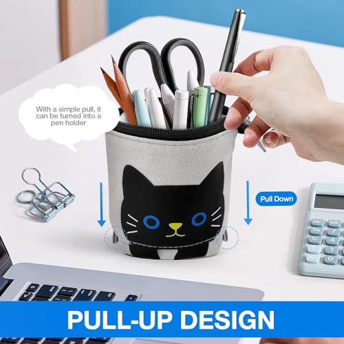 Image of Cat Cute Standing Pencil Case for Kids, Pop Up Pencil Box Makeup Pouch, Stand UP Cartoon Christmas Gift Kids Pen Holder Organizer Cosmetics Bag, Kawaii Stationary (Black Cat)
