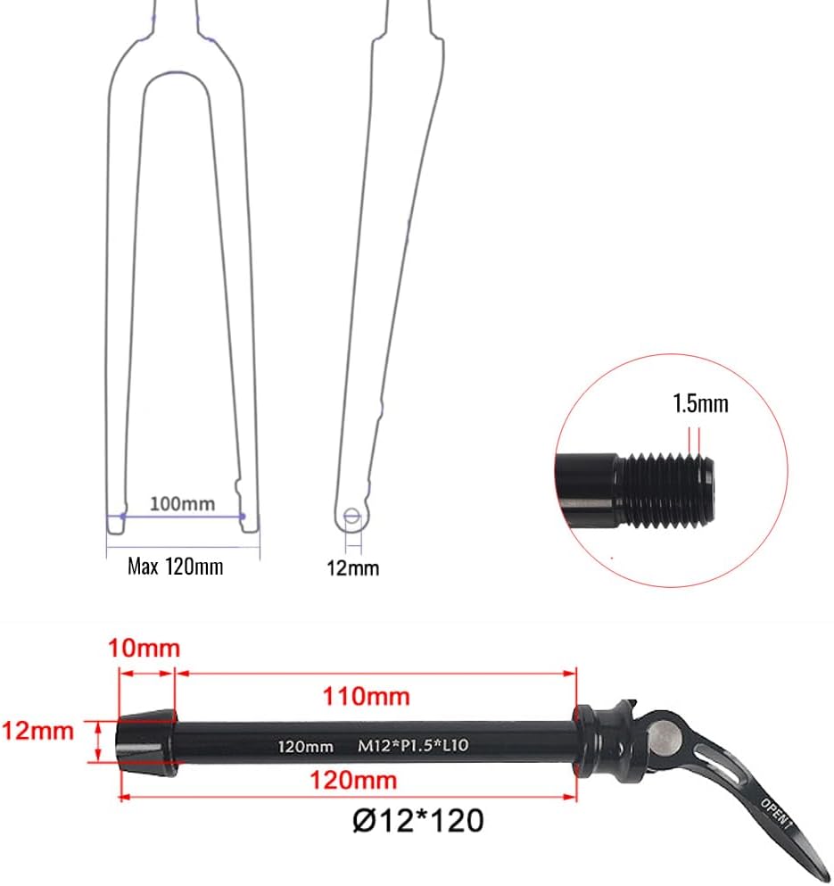 Bicycle Thru Axle 12x100mm 12x142mm 12x148mm 15x100mm 15x110mm Bost Front Rear Hub Cycling Wheels Quick Release Skewers with 1.5 Thread Pitch and Hand Lever