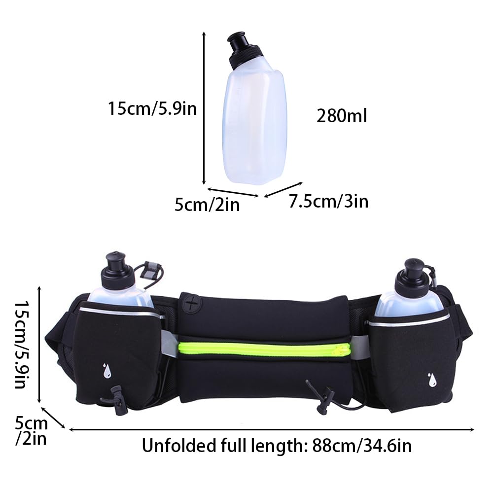Riñonera para correr, impermeable, con 2 soportes para botella de agua, correa ajustable y diseño de agujero para auriculares para senderismo, correr, caminar, trotar, acampar, Green