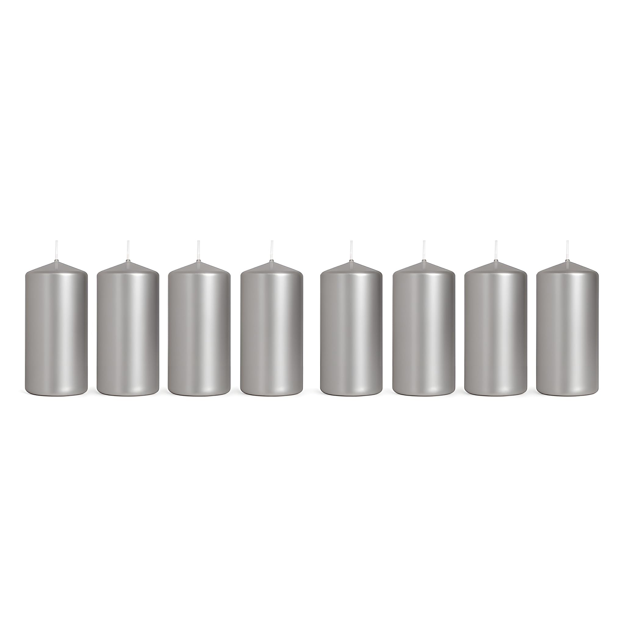Pillar Candles Pack of 8 Unscented Silver Metallic - 10 x 5 cm / 4 x 2 in - Long Burning Up to 20 Hours - Elegant Dripless Wax Candles for Weddings, Christmas, Parties, Events, Home, Table Decoration