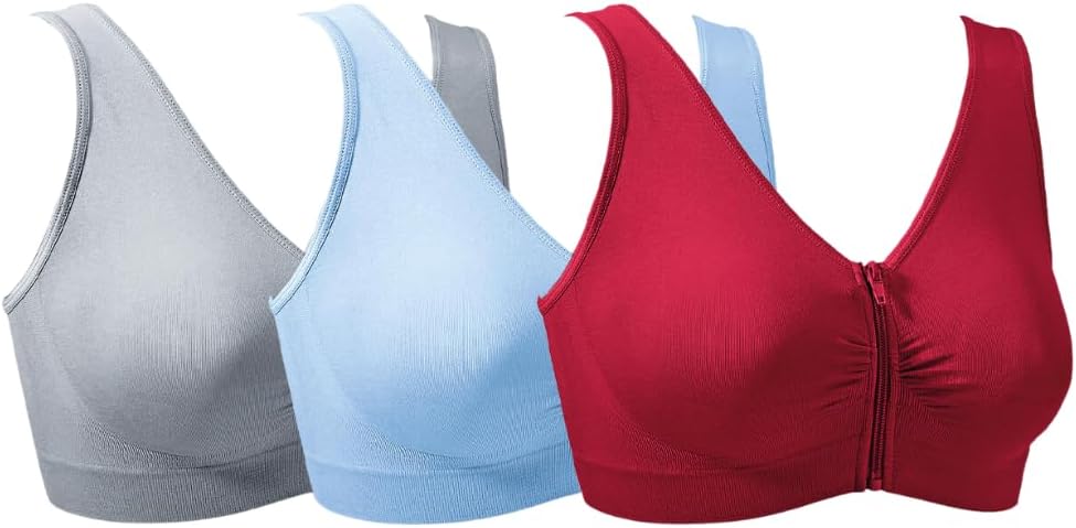 Pack of 3 Comfy Front Zip Bras for Women - Seamless Everyday Support - No Underwire, Easy Fastening, Machine Washable - Burgundy, Pale Blue and Grey - M(14-16)