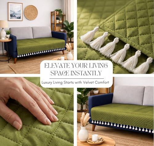 Image of VAS COLLECTIONS 3 Seater Quilted Velvet Sofa Cover with Tassels | Soft Washable Sofa Protector for Living Room | Elegant Furniture Cover for Home Decor (Green)