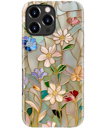Image of Goodon for iPhone 16 Pro Max Case Cute,Aesthetic Vintage Mosaic Stained Glass Shell Design,Glossy Floral Pattern,MagSafe Compatible,Preppy Trendy Y2K Protective Silicone Phone Cover for Women Girls