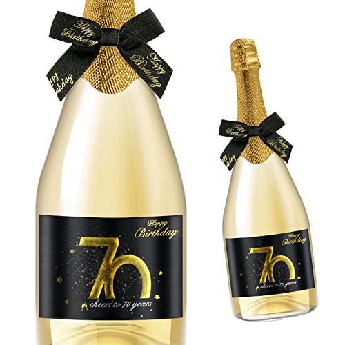 Giftota 2 Stück 70 Geburtstags-Flaschenetikett & Geschenkschleifen - Weinetiketten Personalisiert Selbstklebend für Sekt und Schaumwein - 70 Geburtstag Deko - Geburtstags-Geschenk für Männer & Frauen