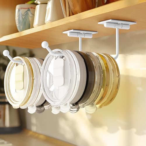 2-Pack Tumbler Lid Organizer: White Self-Adhesive Magnetic Tumbler Lid Holder for Kitchen Organization & Storage. Space-Saving Cup Lid Storage Hook for Stanley/Simple Modern/Yeti Tumbler Lids