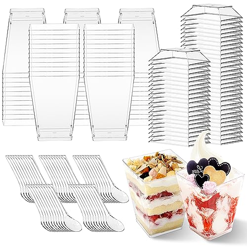 OdiuK 160ml/5.4oz Dessert Cups 50 PCS Square Cheesecake Pots with Reusable Spoons and Lids, Appetizers Serving Bowl Small Clear Plastic Dessert Pots for Dessert Pudding Mousse Halloween Party