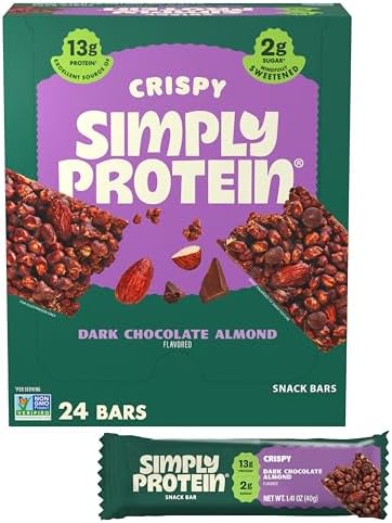 Simply Protein - Dark Chocolate Almond Crispy Bars - Plant Based Protein Bars - Low Carb, Low Sugar, High Fiber - 13g Protein, 2g Sugar, 7g Fiber - Vegan, Gluten Free, Non GMO, Kosher - 24 Bars