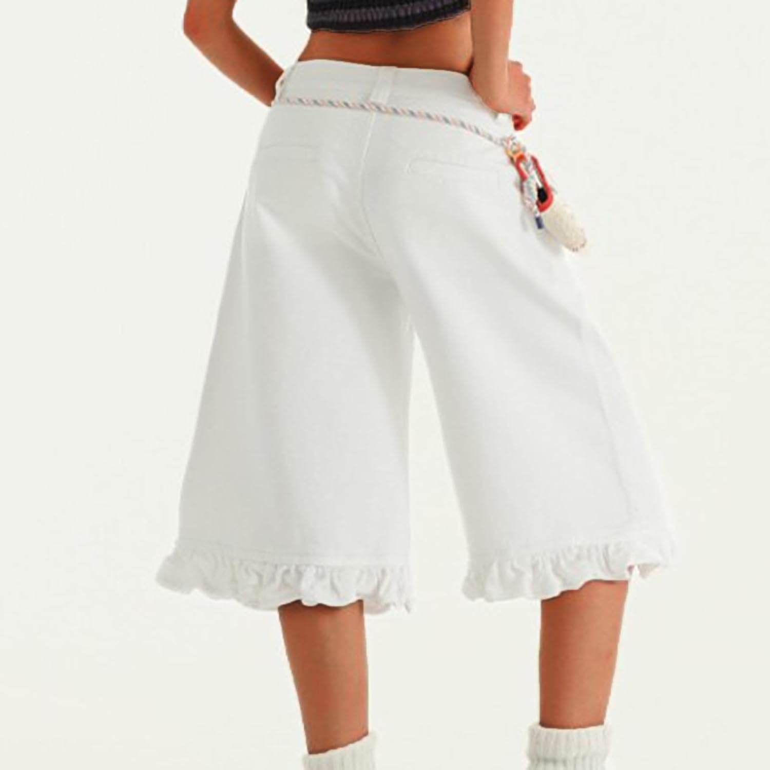 Viatabuna Y2k Baggy Jorts for Women Low Rise Ruffle Hem Wide Leg Long Jean Shorts Loose Fit Streetwear Summer Denim Jorts