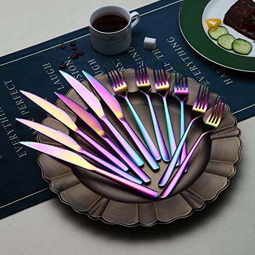 Set Di Coltelli Da Bistecca 12 Pezzi,Set Di 6 Forchette E 6 Coltello Da Tavola In Acciaio Inossidabile Premium,coltelli da bistecca forchette da bistecca per 6 persone (Colorato Lucido) - immagine 4